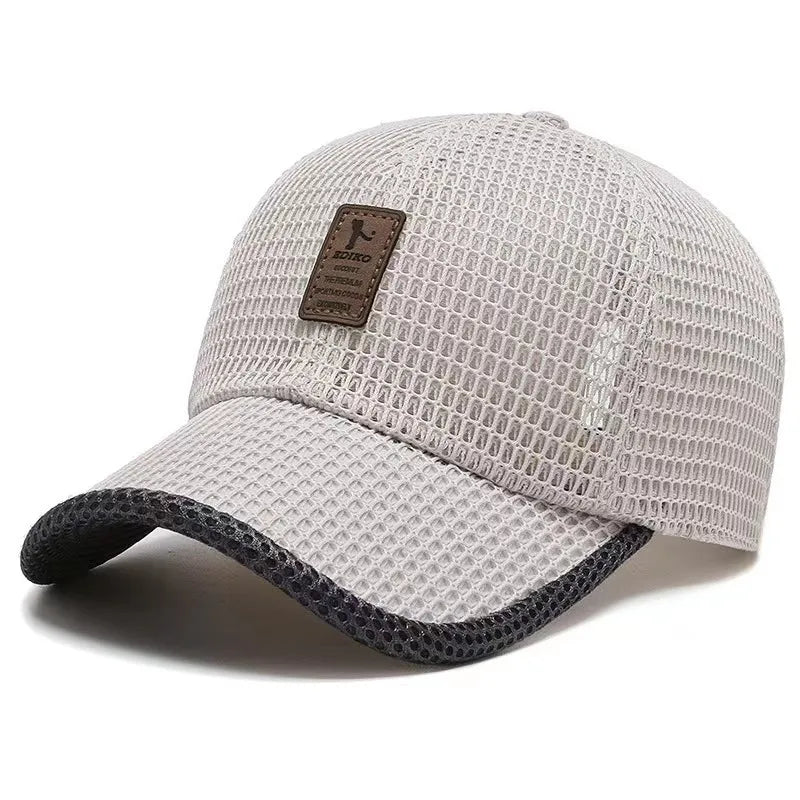 Blue breathable mesh adjustable baseball cap, top view, showcasing lightweight construction for men's outdoor comfort.