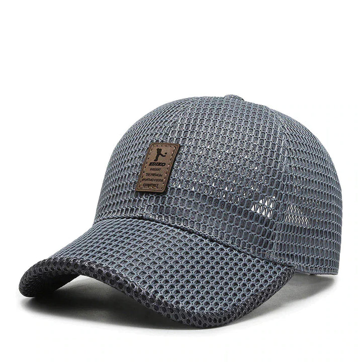 Blue breathable mesh adjustable baseball cap, top view, showcasing lightweight construction for men's outdoor comfort.