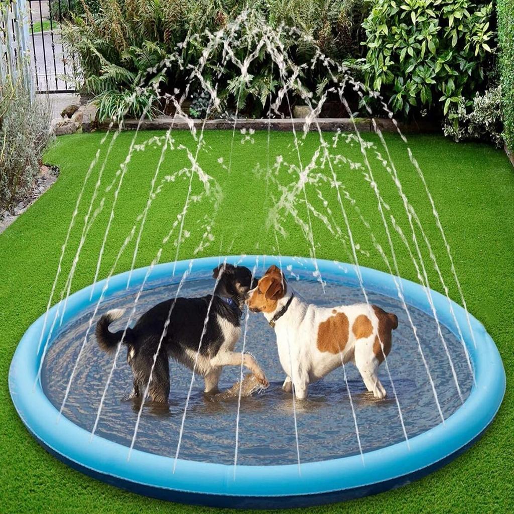 "Blue durable dog fountain pool toy for outdoor summer fun with water jets, providing cooling playtime and relief for pets."