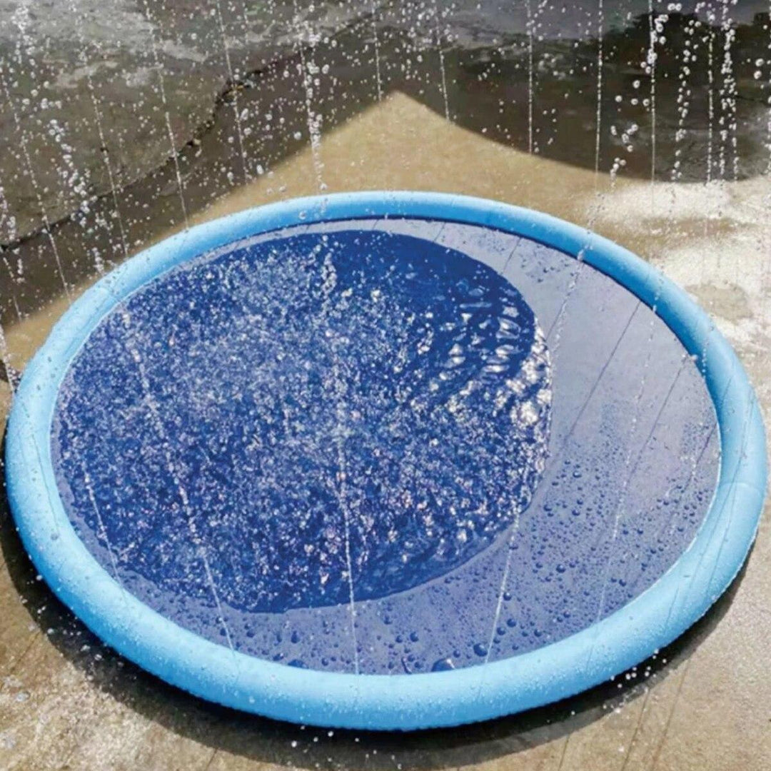 "Blue durable dog fountain pool toy for outdoor summer fun with water jets, providing cooling playtime and relief for pets."