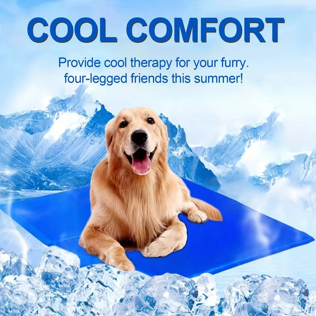 "Blue foldable cooling dog mat with moisture-resistant surface, suitable for home and travel, providing comfort and joint sup