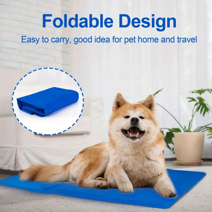 "Blue foldable cooling dog mat with moisture-resistant surface, suitable for home and travel, providing comfort and joint sup