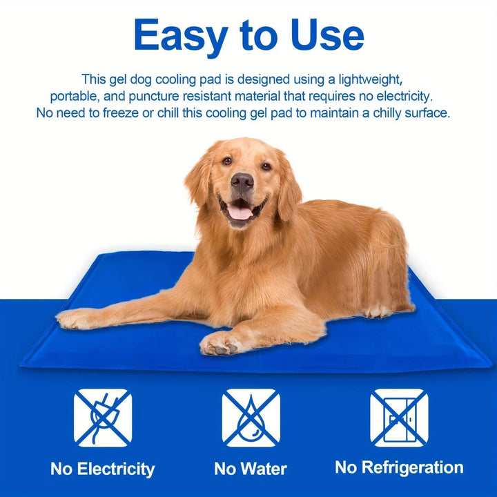 "Blue foldable cooling dog mat with moisture-resistant surface, suitable for home and travel, providing comfort and joint sup