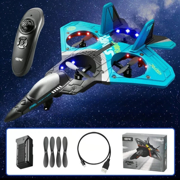 Blue remote control drone for kids with gravity-sensor; sleek design for easy control, ideal for beginners and stunt performa