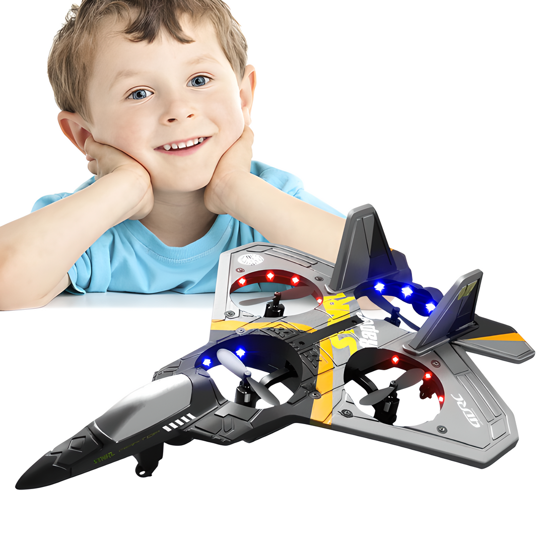 Blue remote control drone for kids with gravity-sensor; sleek design for easy control, ideal for beginners and stunt performa