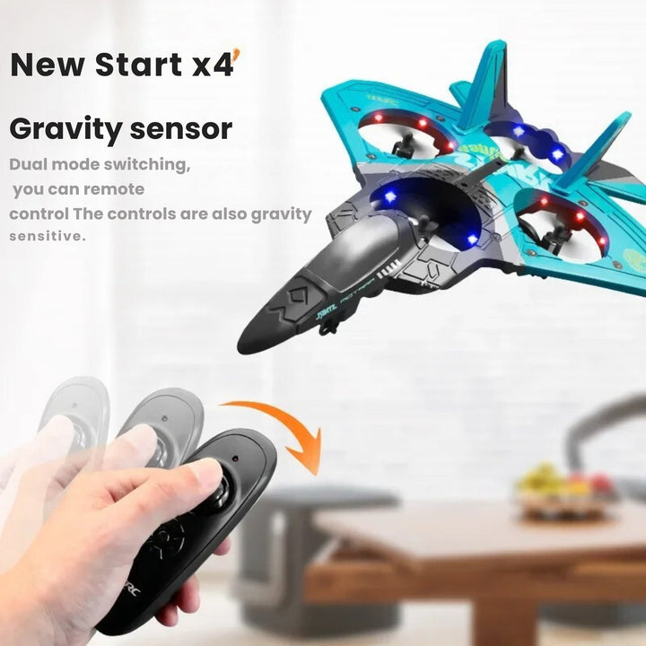 Blue remote control drone for kids with gravity-sensor; sleek design for easy control, ideal for beginners and stunt performa