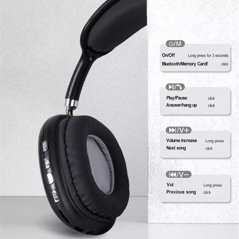 "Bluetooth headphones with HiFi stereo, noise cancelling, over-ear design, soft cushioning, and sleek black finish."