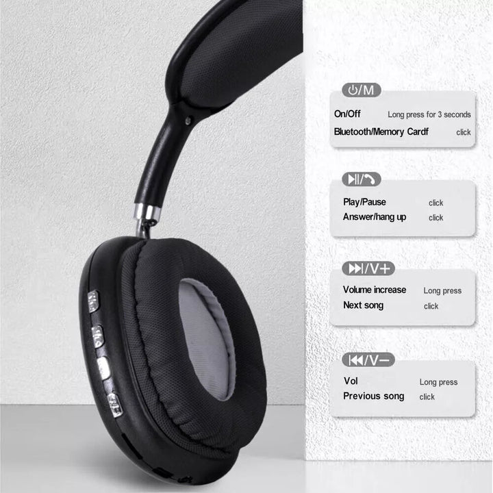 "Bluetooth headphones with HiFi stereo, noise cancelling, over-ear design, soft cushioning, and sleek black finish."