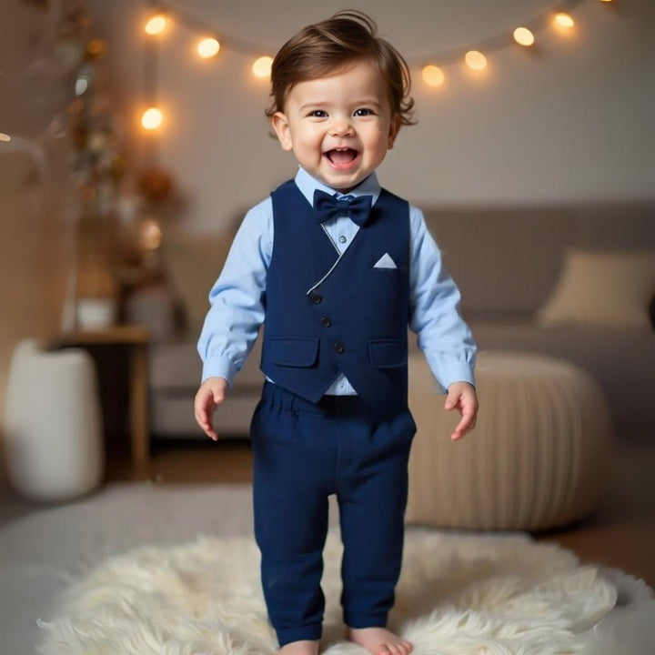 Classic child tuxedo-style 3-piece suit set: vest, long-sleeve shirt, pants, and bow tie. Ideal for boys.