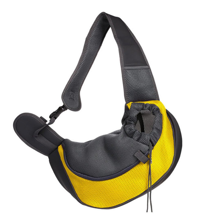 "Breathable pet carrier shoulder bag, grey with padded strap, for small dogs and cats, perfect for travel and comfort."