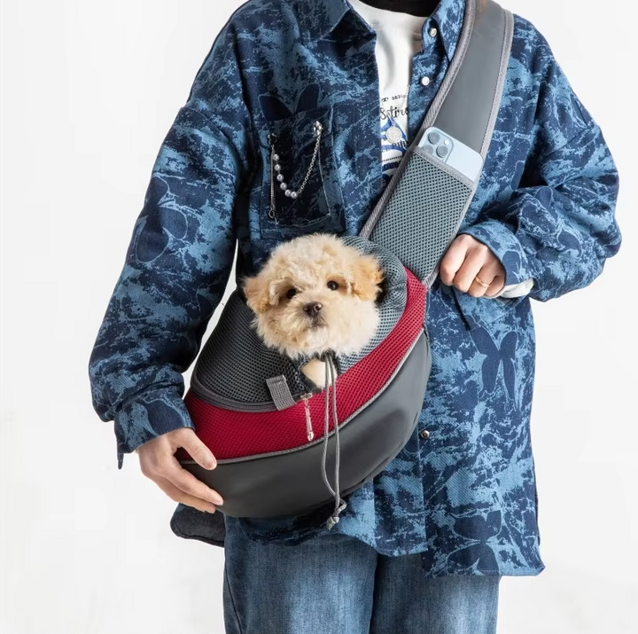 "Breathable pet carrier shoulder bag, grey with padded strap, for small dogs and cats, perfect for travel and comfort."
