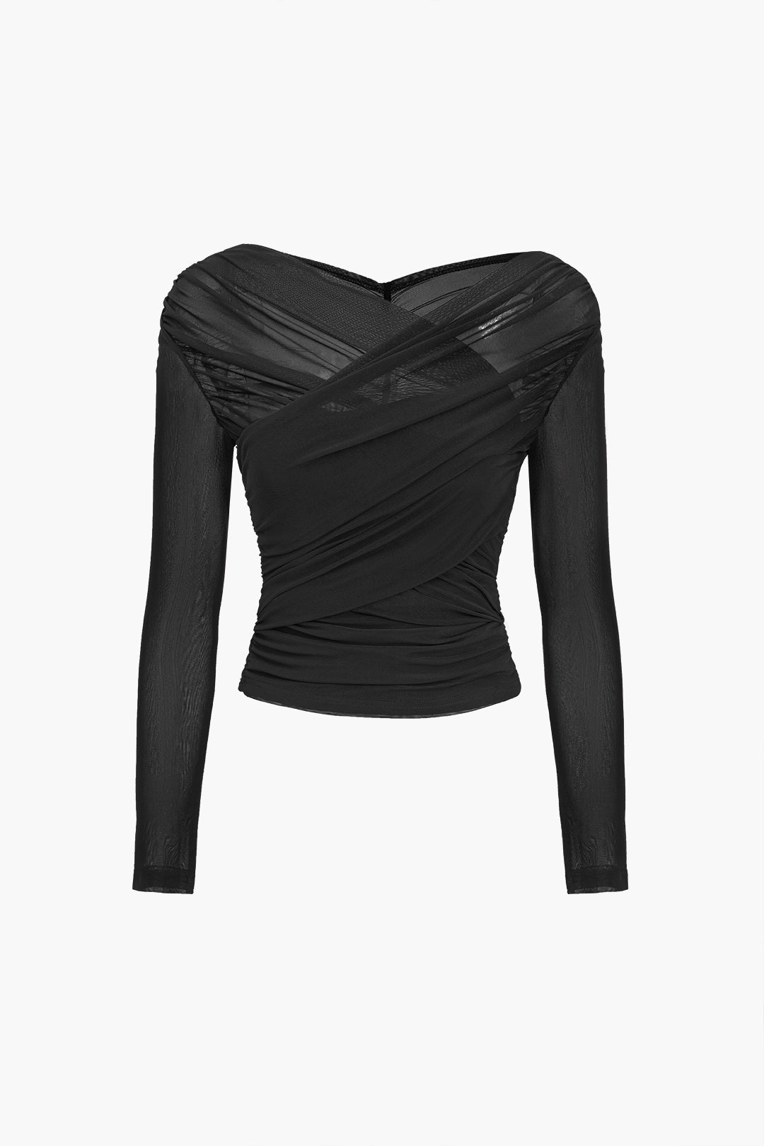 Elegant black women's cropped V-neck top with ruched wrap detail, a slim-fit long sleeve for evening.