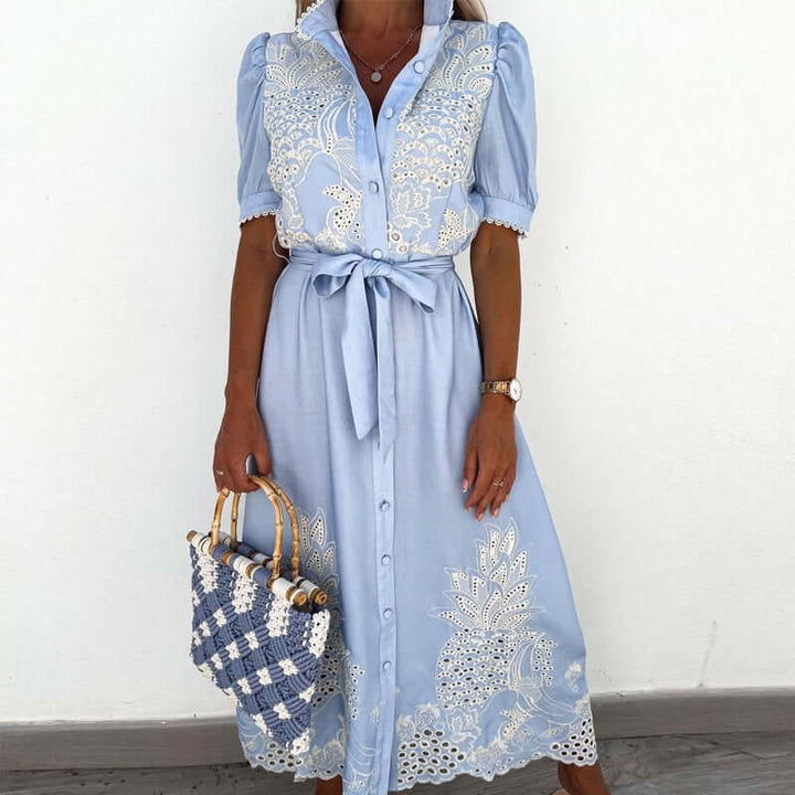 Embroidered Blue Dress - Elegant A-Line Dress for Women