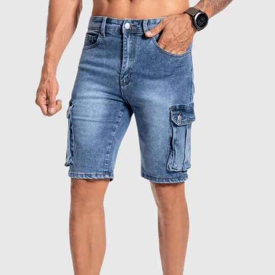 Men's Mid-Length Denim Cargo Shorts with Multiple Pockets