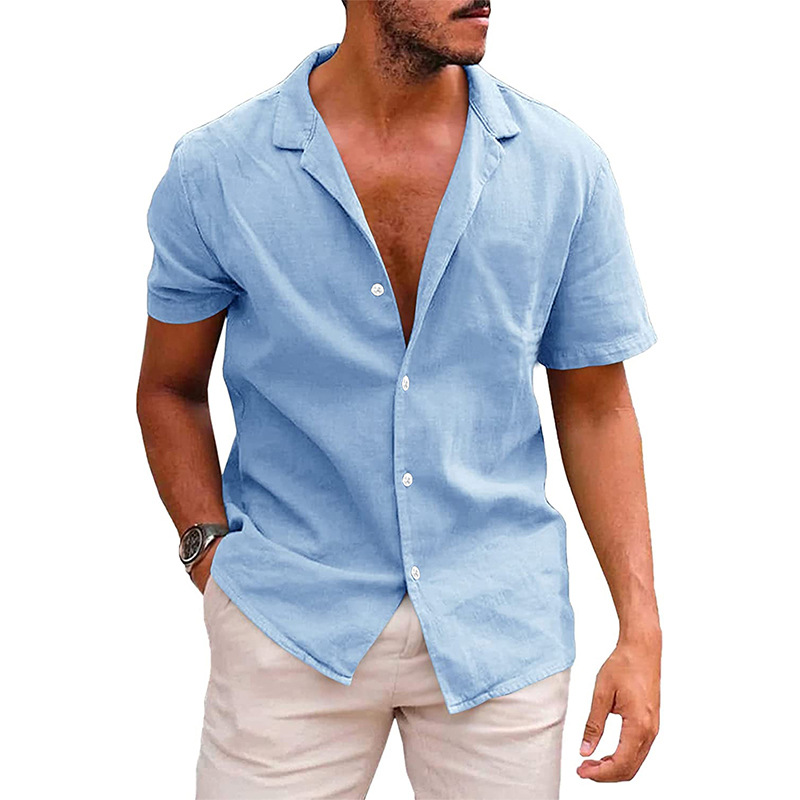 "Casual men's short-sleeve button-down shirt with a relaxed fit and open collar in light blue, perfect for summer comfort."