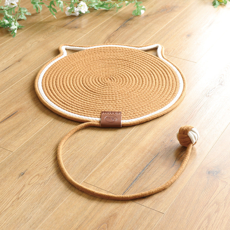 "Cat lounging on stylish, durable cat scratching rug; elegant, textured mat for optimal claw care and furniture protection."