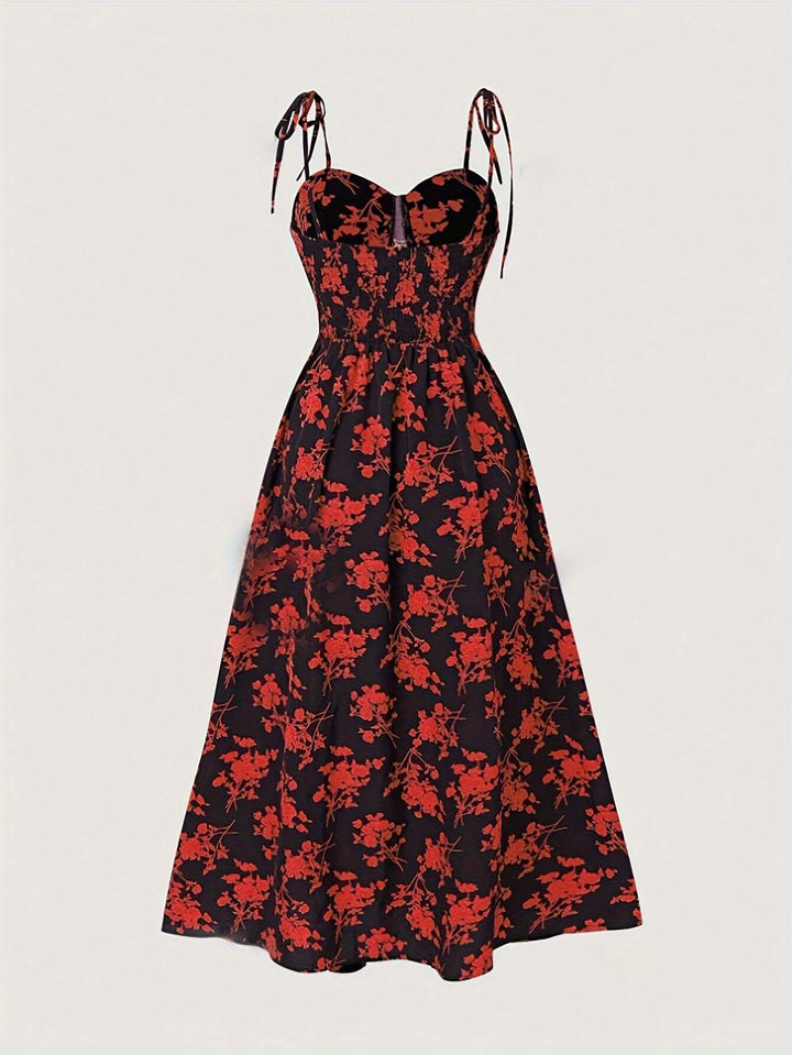 Floral Print Midi Dress with Tie Straps