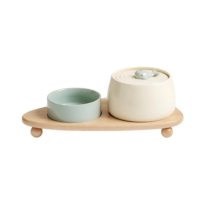 Ceramic pet bowl with quiet filtration; stylish design in beige or green, ensures fresh water and complements home decor.