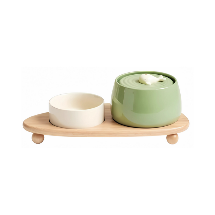 Ceramic pet bowl with quiet filtration; stylish design in beige or green, ensures fresh water and complements home decor.