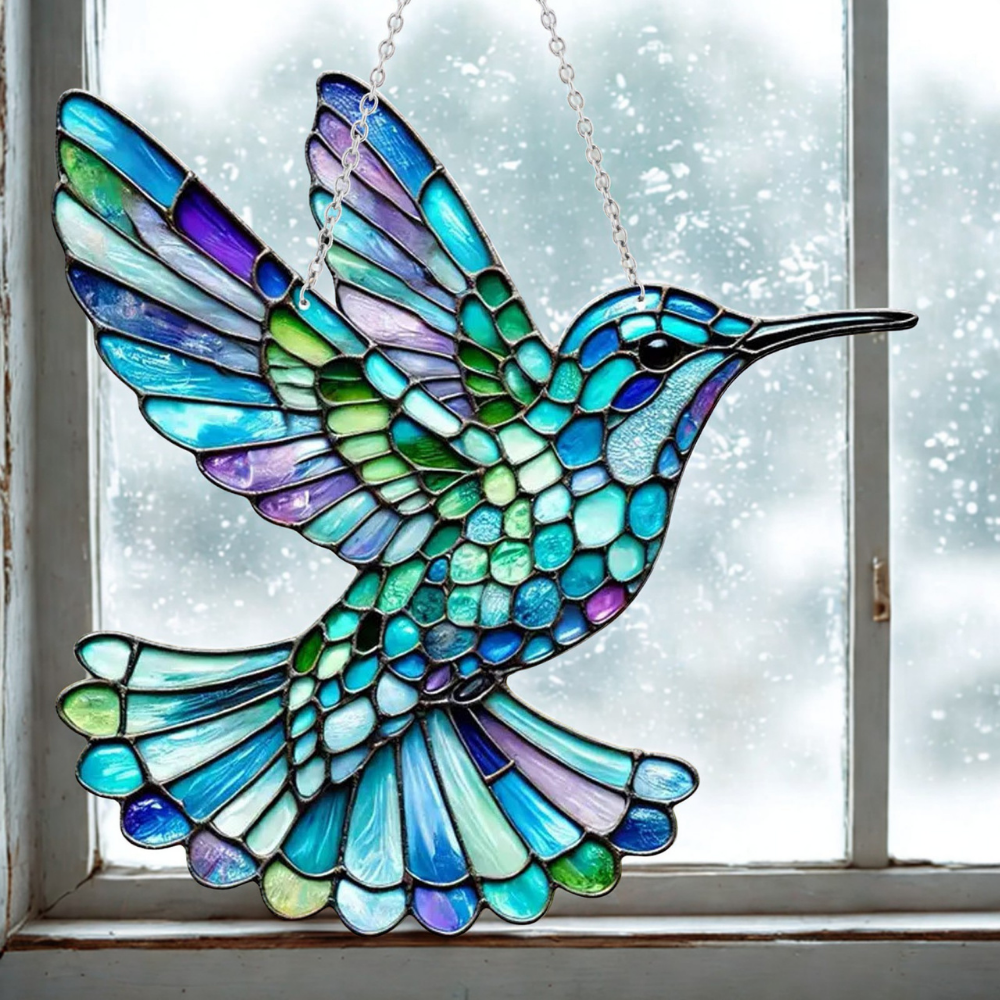 Bright bluebird window suncatcher, a charming stained glass effect light catcher to illuminate your home.