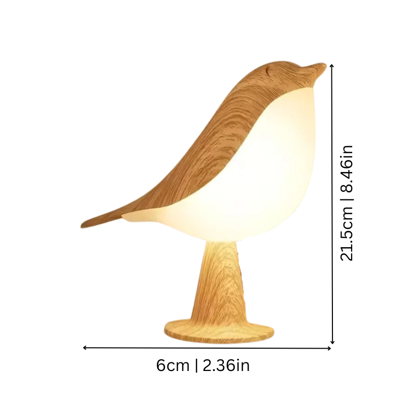 "Chic bird-shaped lamp with wooden optic finish, adjustable lighting, and diffuser for stylish home decoration."