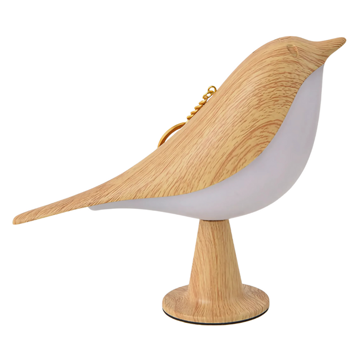 "Chic bird-shaped lamp with wooden optic finish, adjustable lighting, and diffuser for stylish home decoration."
