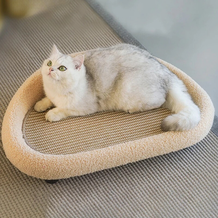 "Chic cat bed and scratching pad with non-slip bottom, curved design, and felt-seisal surface available in Brown, Gray, Green