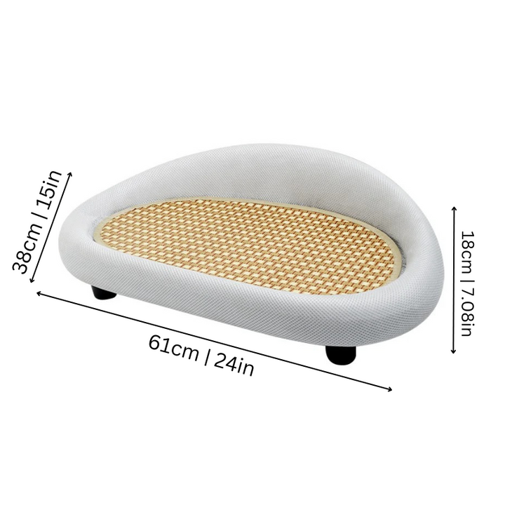 "Chic cat bed and scratching pad with non-slip bottom, curved design, and felt-seisal surface available in Brown, Gray, Green