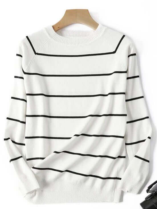 Classic women's striped knitted pullover sweater. A versatile, cozy long sleeve top for autumn.