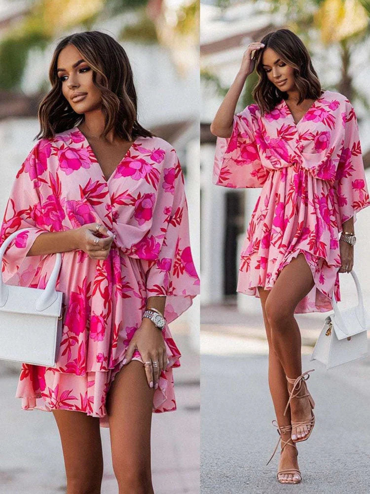 Stylish women's short dress with a flattering v-neck, suitable for both elegant and casual occasions.