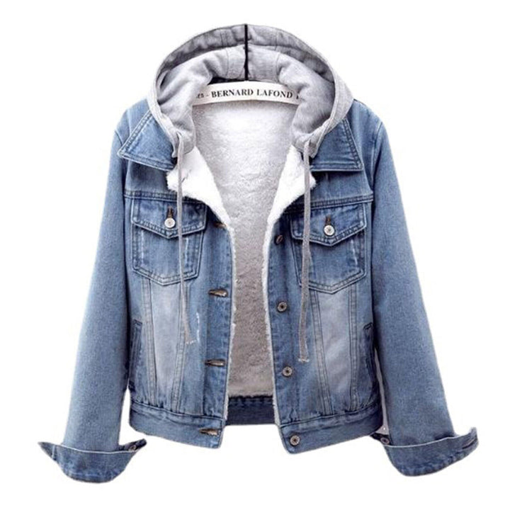 Chic plus size light blue denim hooded jacket for women, perfect for spring/fall casual wear and curvy fashion.
