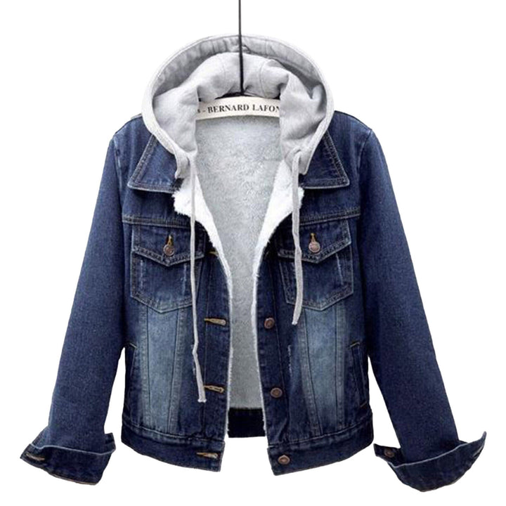 Stylish plus size dark blue denim hooded jacket, a versatile layering piece for comfortable everyday wear & urban chic.