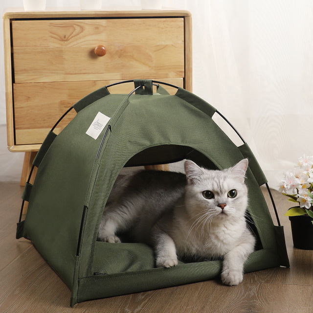 Chic semi-enclosed Tail-Trooper Cat Tent Bed in Army Green, offering cozy comfort for pets indoors or outdoors.