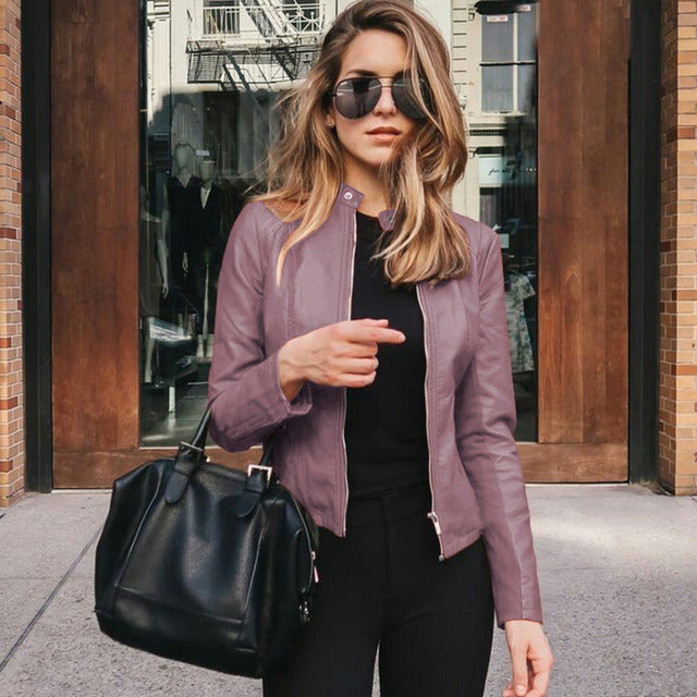 Elegant women's purple leather jacket, a chic & comfortable outerwear piece for stylish everyday fashion.