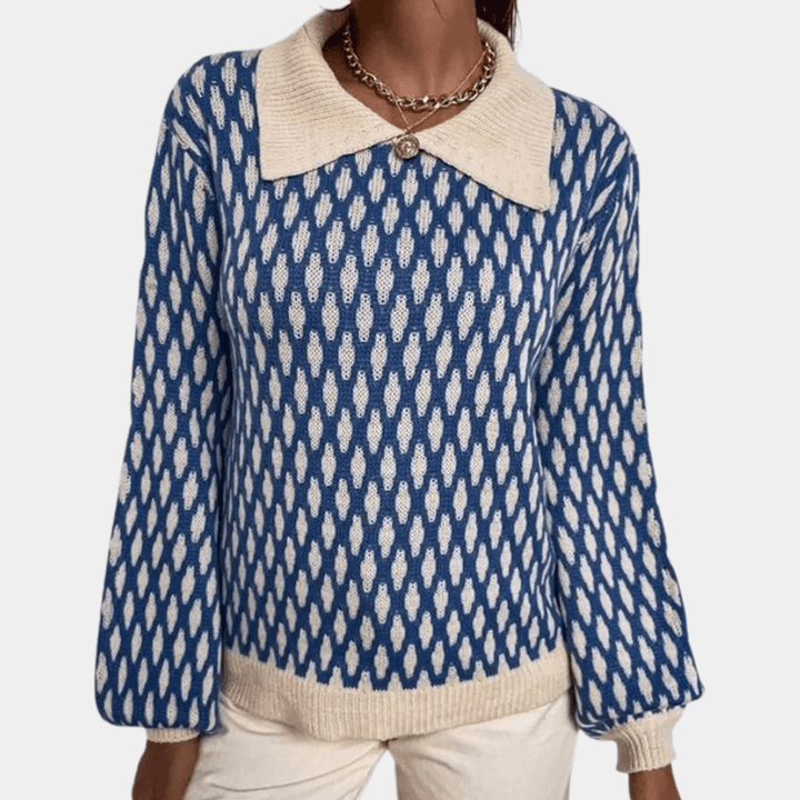 Blue women's knitted collared long sleeve top. Chic and comfortable for everyday casual wear, versatile fall fashion.