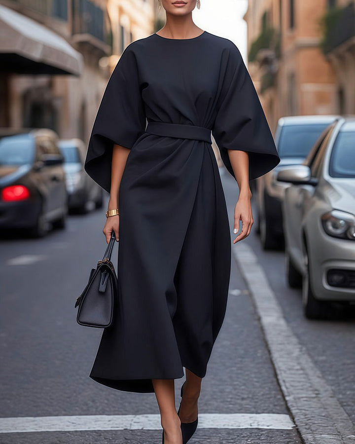 Chic women's dark blue summer midi dress with elegant puff sleeves, perfect for versatile fashion.