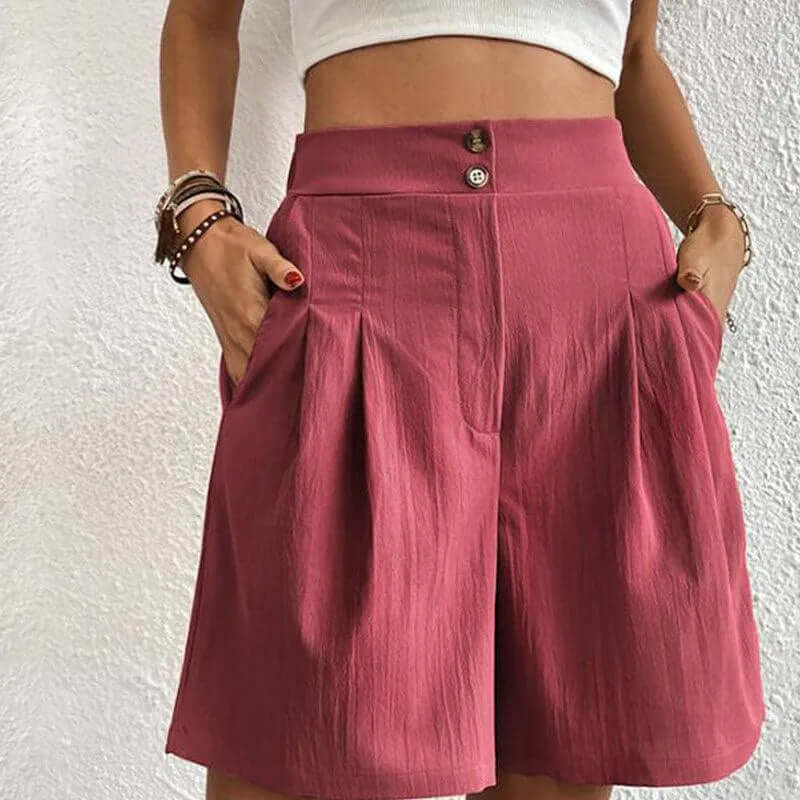 Breathable women's high-waisted pleated shorts with a flowy design, ideal for casual summer fashion.