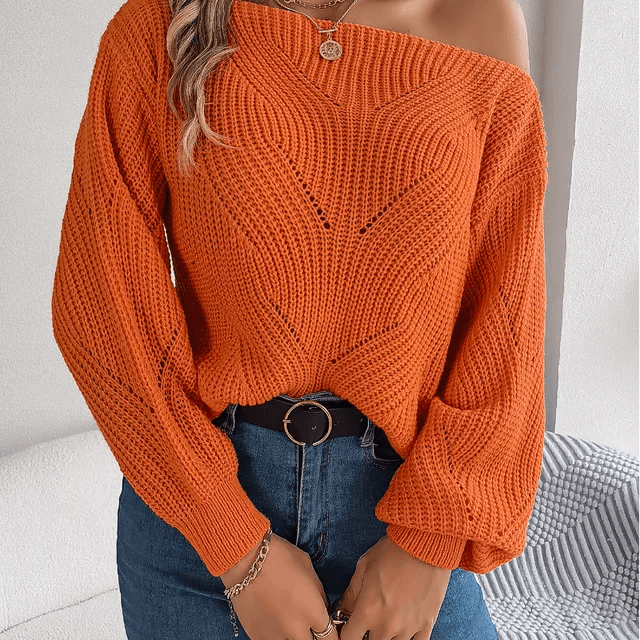 Elegant women's off-shoulder knit sweater, a cozy long sleeve pullover for versatile fall and winter styling.