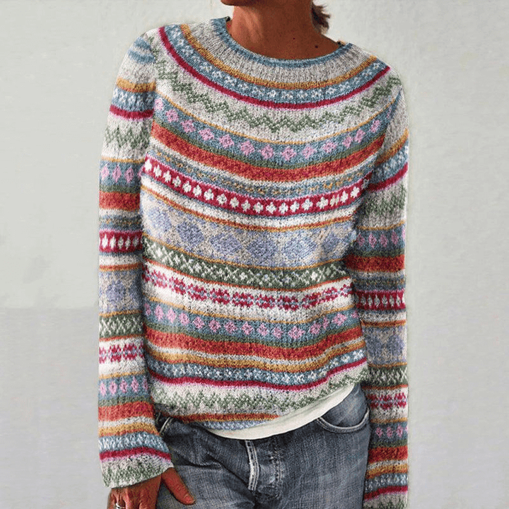 Chic women's pink printed knit long sleeve sweater, perfect for fall & winter casual wear. Cozy & stylish fashion.