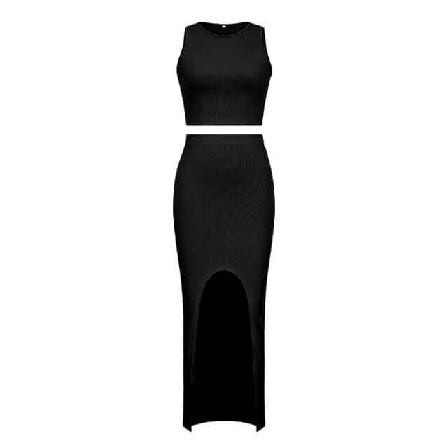 Elegant black two-piece set: sleeveless crop top & stylish split midi skirt. Perfect for evening wear.