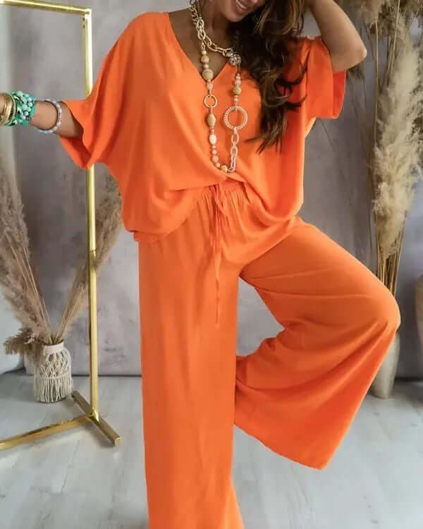 Versatile women's two-piece summer outfit, elegant & breathable loungewear for vacation or casual style.