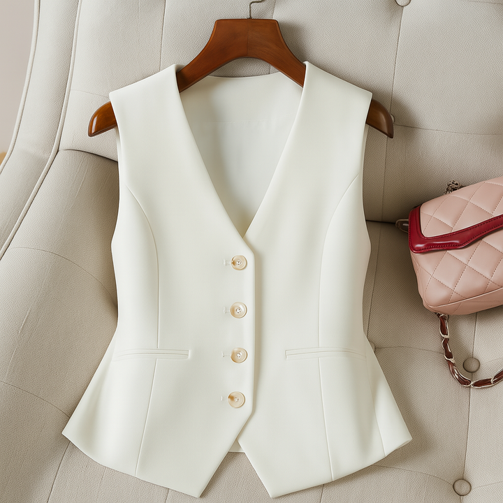 Stylish women's vintage vest, single-breasted & sleeveless. A versatile, chic layering top for casual elegance.