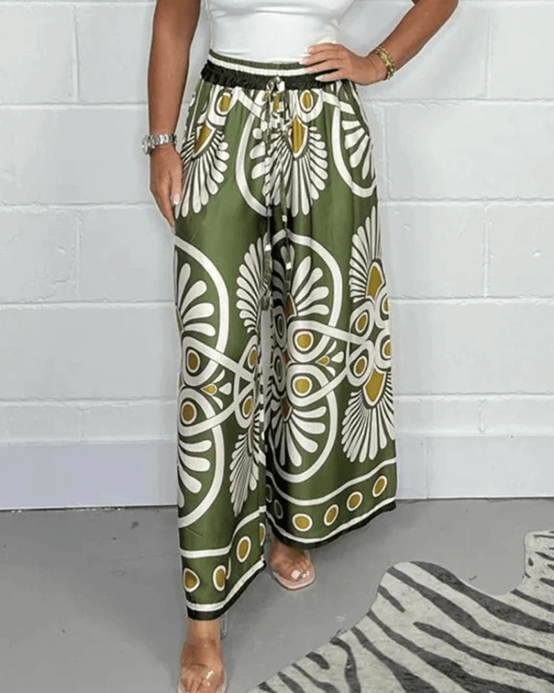 Lightweight wide-leg printed trousers for women, offering comfortable & chic spring/summer effortless style.