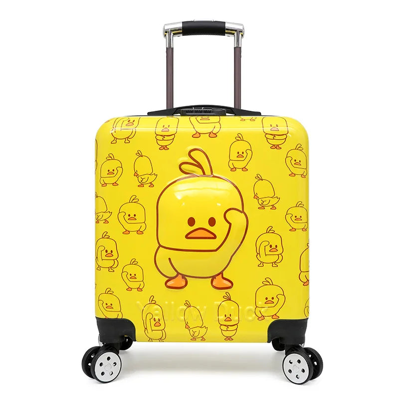 Open hard shell kids suitcase with an animal exterior, revealing spacious interior for child travel.