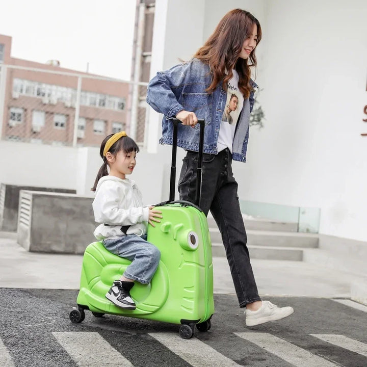 Kids ride-on luggage, ideal for airport travel. Children's scooter suitcase with wheels for easy moving.