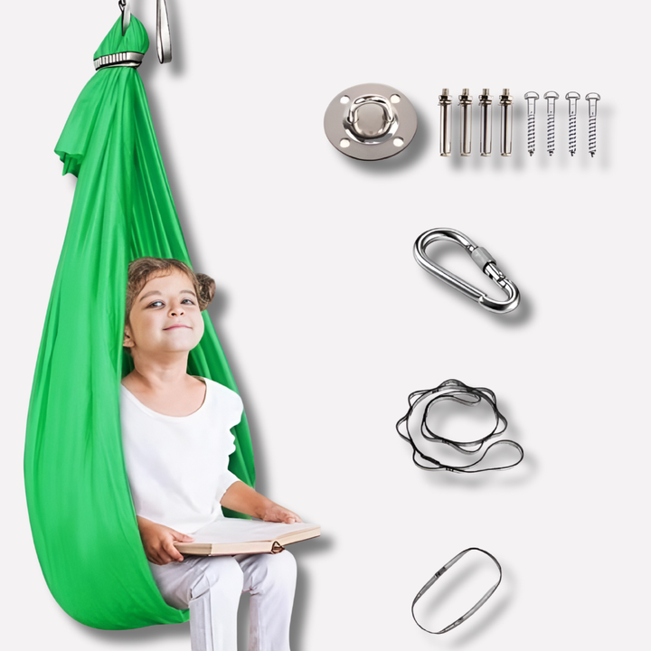 Durable polyester therapy swing for children. Ideal for indoor play or outdoor relaxation, special needs support.