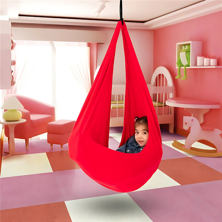 Kids sensory swing provides calming aid for special needs, autism, and ADHD support. Great for indoor use.