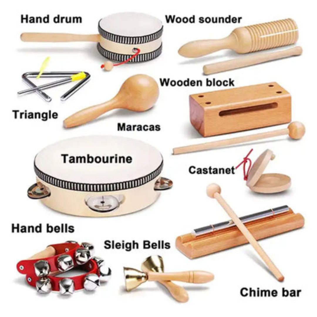 "Children's wooden music kit with hand drum, maracas, tambourine, fostering creativity and motor skills in young musicians."
