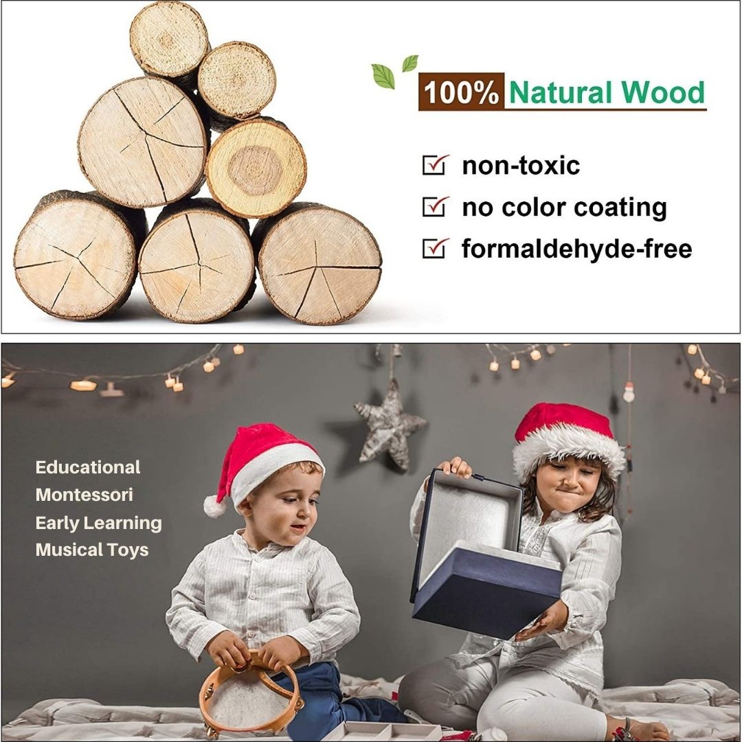 "Children's wooden music kit with hand drum, maracas, tambourine, fostering creativity and motor skills in young musicians."