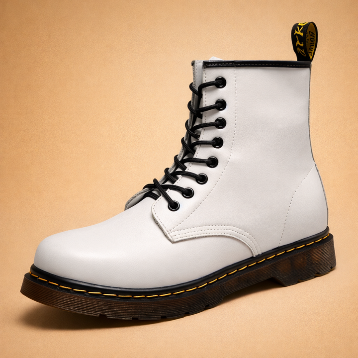Black mens classic lace-up combat boots, offering durable, rugged appeal for daily street fashion.